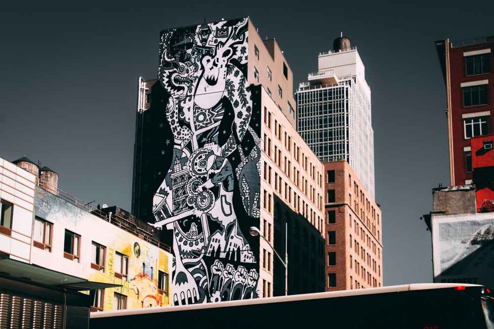 black and white graffiti painted building